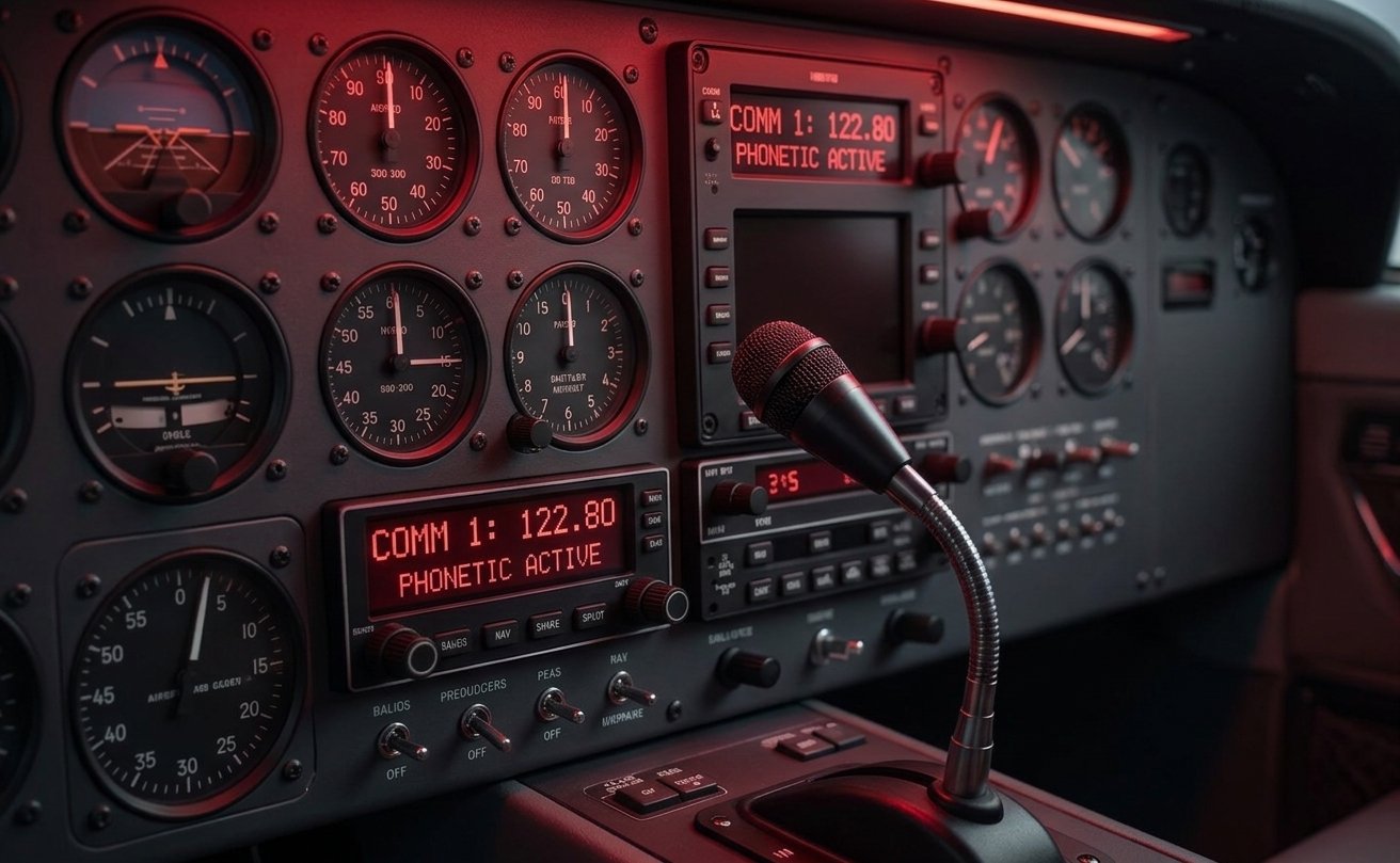 Painel de instrumentos de uma cabine de avião, com rádio de comunicação e microfone em destaque.