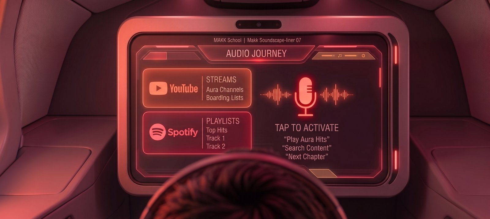 Tela de entretenimento de bordo mostrando os painéis do YouTube e do Spotify.